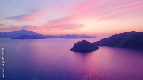 Pink Sunset over Volcanic Islands, Aegean Sea. Peaceful island landscape, perfect for travel brochures