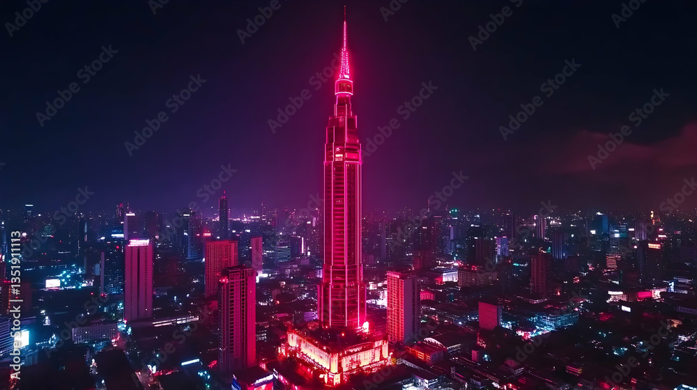 Obraz premium Pink-lit skyscraper at night, cityscape backdrop, Asian city, advertising opportunity