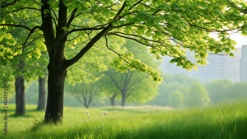 Green nature in spring with urban trees, leaves, and grass, soft bokeh background. (Flower)