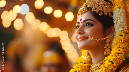 Radiant bride, traditional South Asian wedding ceremony, warm lighting, festive background, ideal for wedding invitation