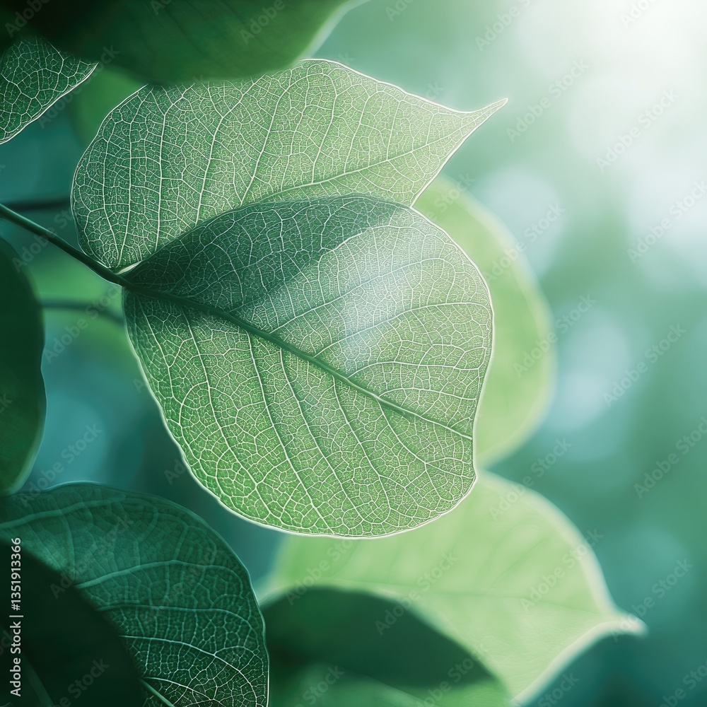 Obraz premium Sunlit green leaves, forest background, nature, spring