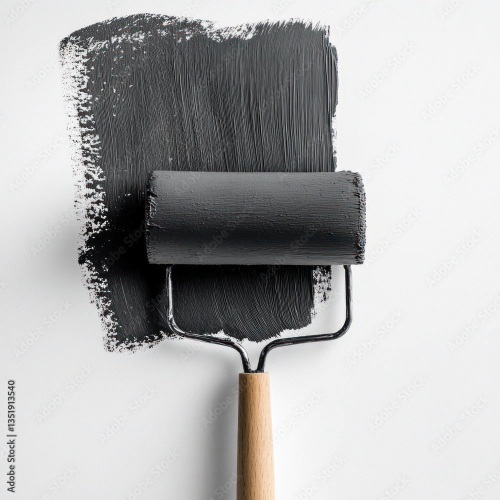 Obraz premium Dark paint roller on white background. A dark gray paint roller applies paint to a white surface, showcasing the application process.