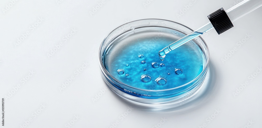 Petri Dish with Blue Liquid Droplet and Dropper in Laboratory for Cosmetic and Skincare Research Petri Dish with Blue Liquid Droplet and Dropper in Laboratory for Cosmetic and Skincare Research