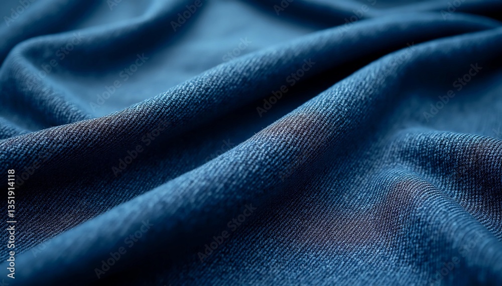 Fototapeta premium Soft blue denim fabric cascades in gentle waves, showcasing intricate textures in warm light. This cozy scene invites creativity and style in everyday wear Generative AI
