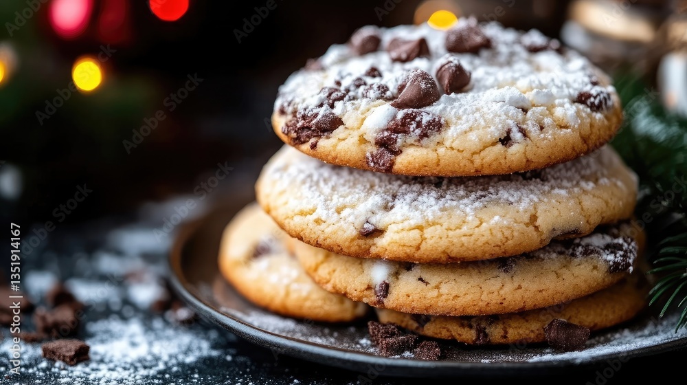 Stack of chocolate chip cookies dusted with powdered sugar Stack of chocolate chip cookies dusted with powdered sugar