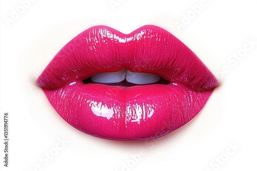 Bright Pink Glossy Lips Close-Up on White Background