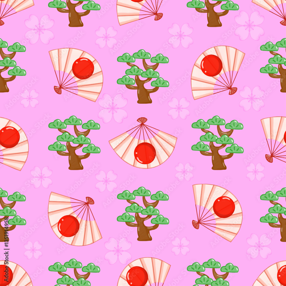 Naklejka premium Japanese fan pattern with Japanese trees