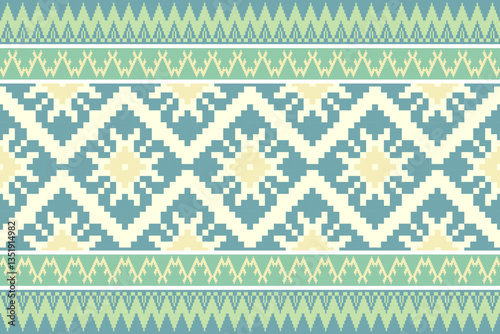Geometric seamless pattern in blue green and yellow inspired by ethnic and tribal textile designs.