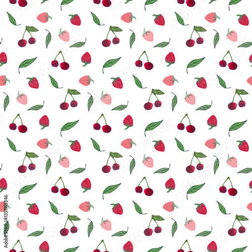 Hand-Drawn Watercolor Cherry and Strawberry Seamless Pattern with Green Leaves