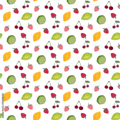 Hand-Drawn Watercolor Citrus and Berry Seamless Pattern for Summer Design