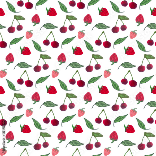 Hand-Drawn Watercolor Cherry and Strawberry Seamless Pattern with Green Leaves