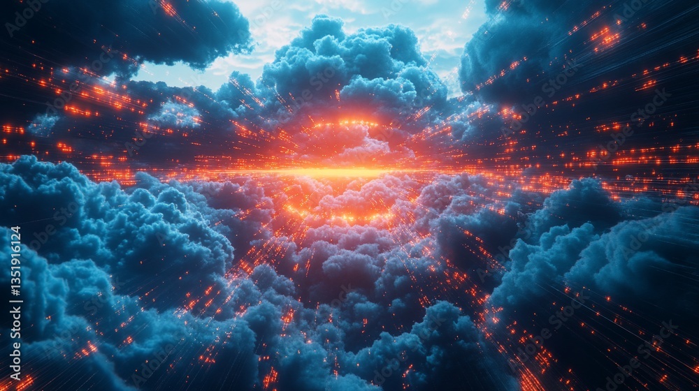 Abstract cloudscape with digital light trails, futuristic and vibrant scene of illuminated clouds and bright streaks Abstract cloudscape with digital light trails, futuristic and vibrant scene of illuminated clouds and bright streaks