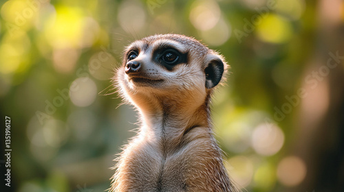 Wallpaper Mural A close up of a meerkat looking up with a blurred green and yellow background in soft focus light Torontodigital.ca