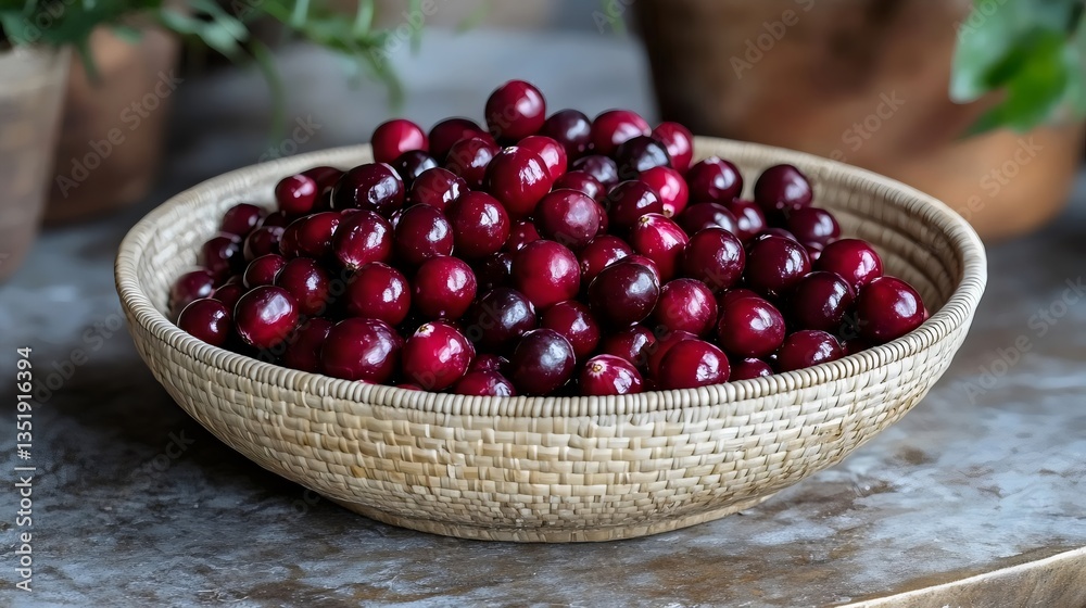 A bowl of red berries sits on a table A bowl of red berries sits on a table
