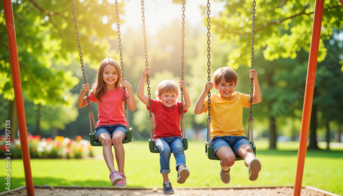 Joyful children swinging together in vibrant park, playful freedom