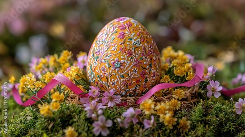 Decorated Easter egg in spring flowers.