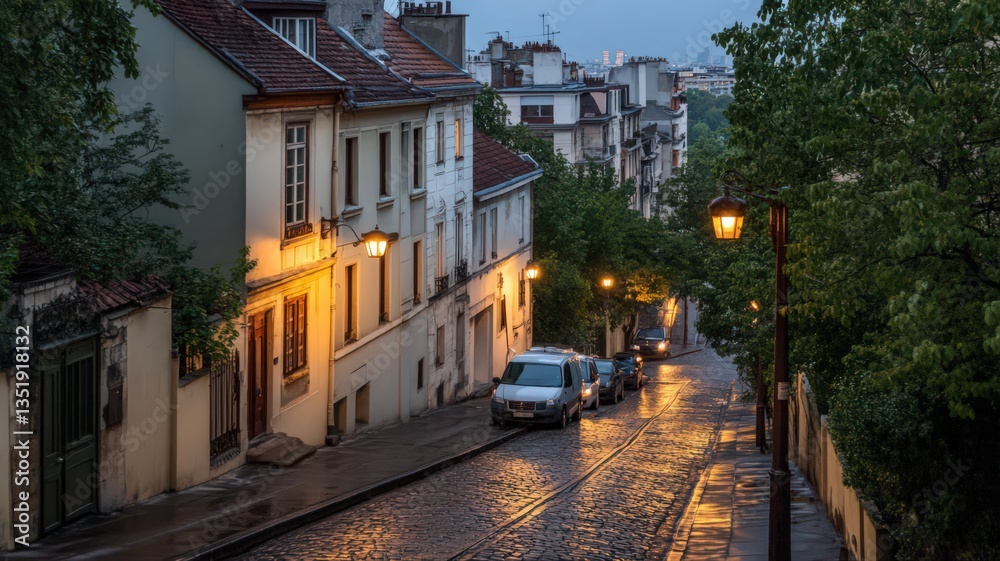 Fototapeta premium Rainy Parisian Street at Dusk: Cobblestone Road and Warm Streetlights
