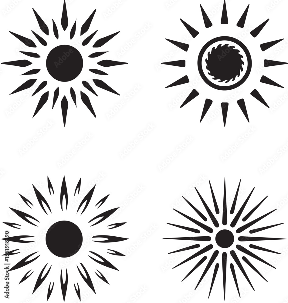 Fototapeta premium Black Sunburst Icons Set with Abstract Sun Rays.