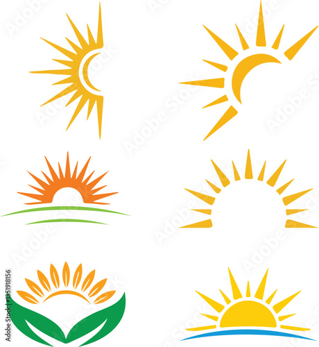 Sunrise and Sunset Logo Set with Abstract Sun Rays.