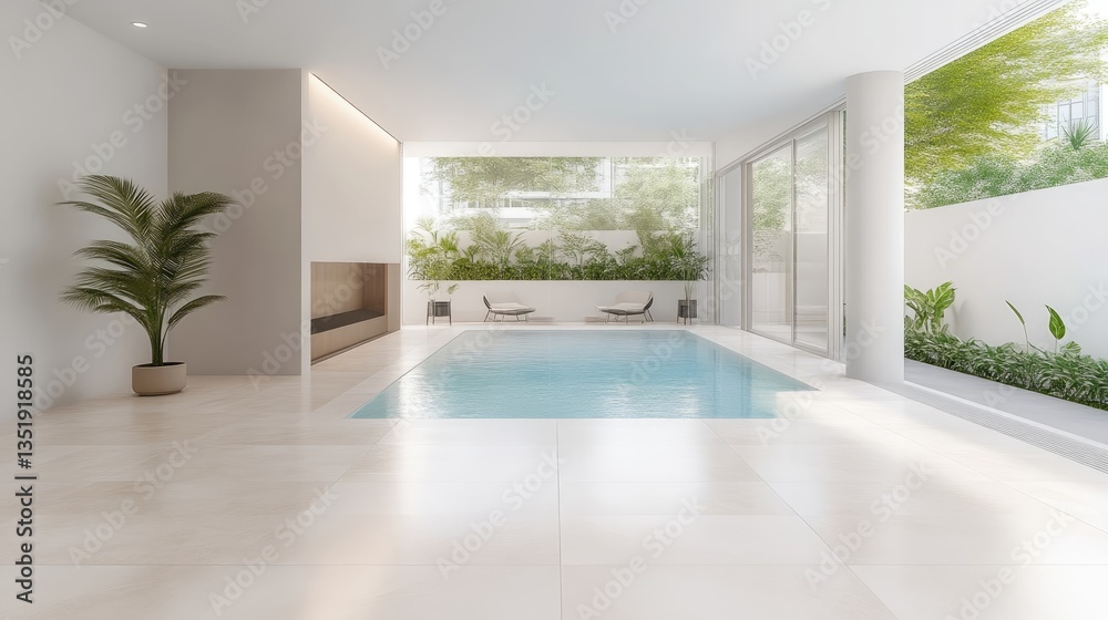 Modern indoor pool with lush greenery. Tranquil, open-concept space showcasing a clean aesthetic. Modern indoor pool with lush greenery. Tranquil, open-concept space showcasing a clean aesthetic.
