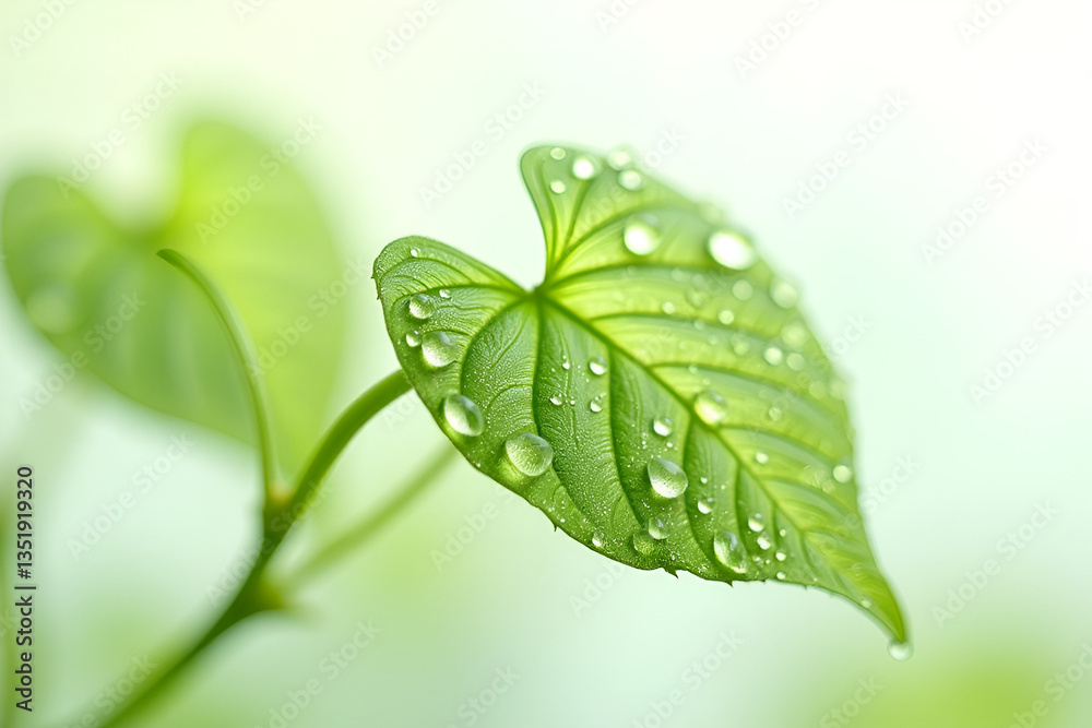 Fototapeta premium A delicate, artistic close-up of Centella Asiatica leaves, glistening with tiny dew drops. The composition is airy and light, with a soft-focus effect on the edges. The background is pure white, creat