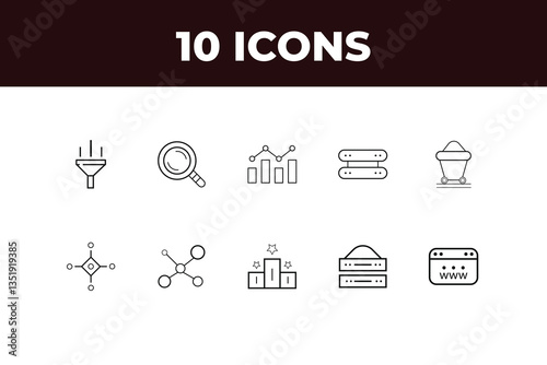 Data analysis set of web icons. Data analytics icons for web and mobile app. Graphs, traffic analysis, data processing, research network collection, analytics, performance.