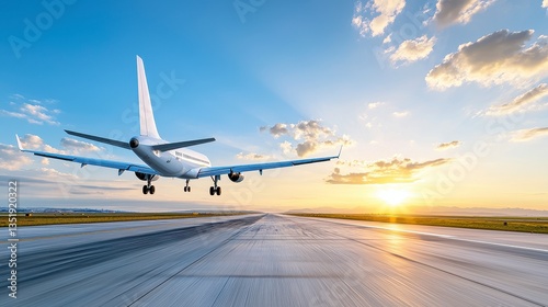 Airplane Landing on Runway at Sunset
