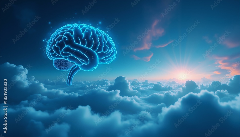 Obraz premium Softly glowing clouds, pinpoint starbursts, serene mental sky, undulating iridescent mist, simplified brain maps, subtle celestial blue gradient