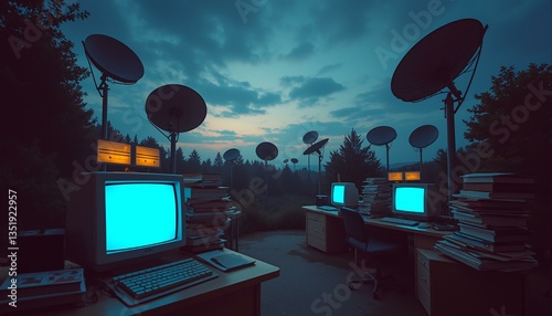 A nostalgic scene of vintage computers, dog-eared notebooks, and Post-it notes surrounded by satellite dishes under a starry night sky.