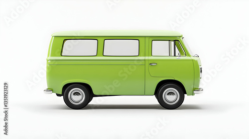 Retro green van side view, white background, road trip concept, transport illustration