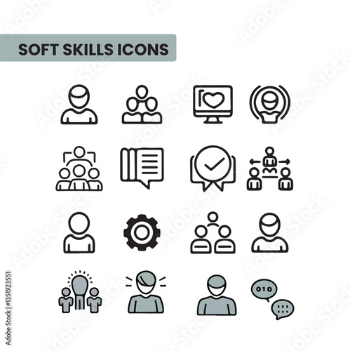 Soft Skills Icons Set, Communication, Leadership, and Teamwork Line Symbols

