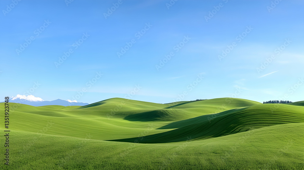 Fototapeta premium Rolling green hills under a clear blue sky, idyllic landscape perfect for travel brochures or website backgrounds
