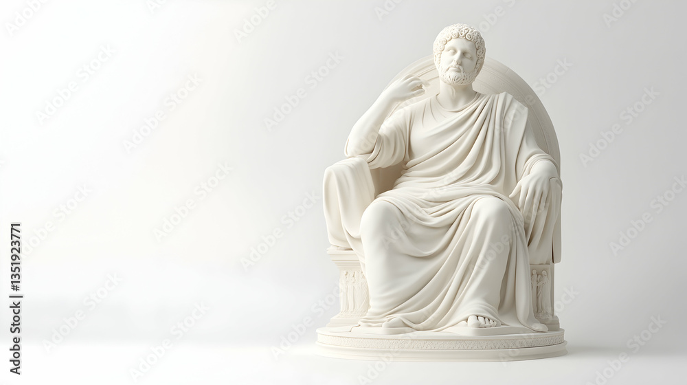 Fototapeta premium Roman emperor statue, seated throne, white background, studio shot, history illustration