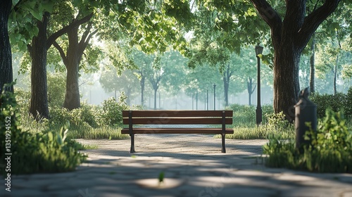 A serene park scene featuring a wooden bench under lush trees with dappled sunlight and a peaceful atmosphere