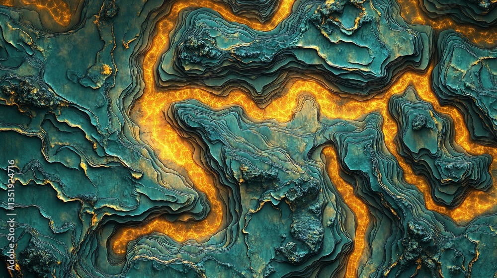 Abstract Topographic View of Cracked Earth with Lava Flowing in Between Abstract Topographic View of Cracked Earth with Lava Flowing in Between
