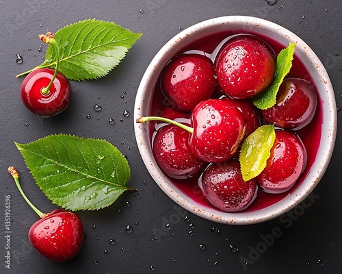 Juicy Cherries in Bowl with Top View.