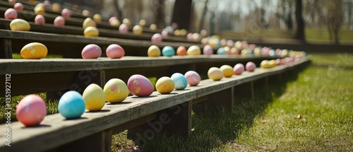 Colorful Easter eggs displayed on benches outdoors