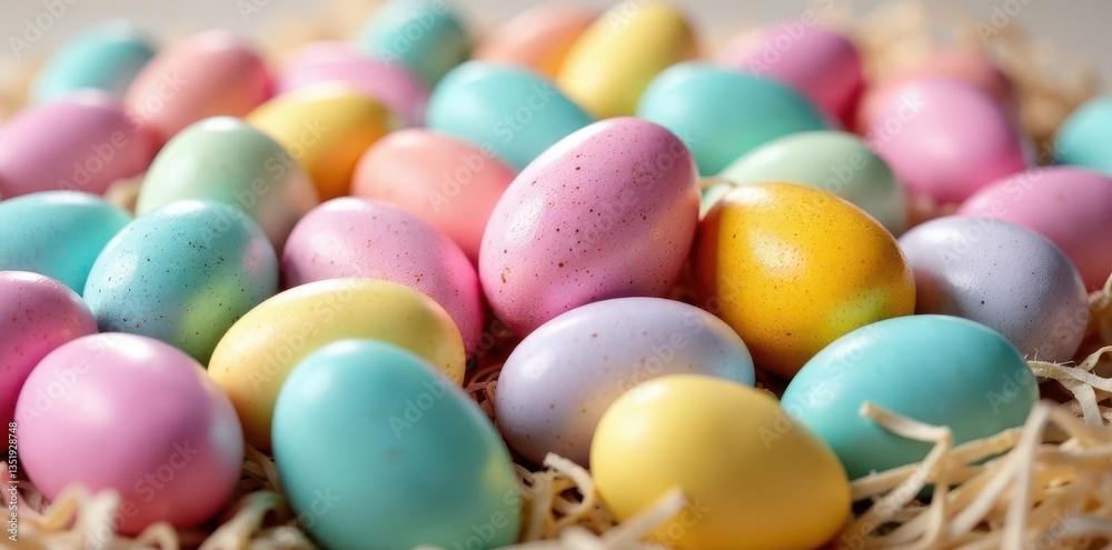 A vibrant mound of pastel Easter eggs, speckled and shiny , painted, festive A vibrant mound of pastel Easter eggs, speckled and shiny , painted, festive
