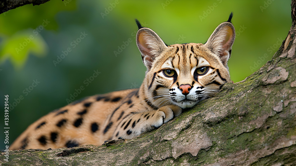 Obraz premium Serval Cat Resting on Tree Branch, Lush Green Forest Background, Wildlife Photography