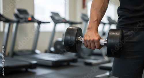 Man holding dumbbell in gym with treadmills in background for fitness and strength training workout