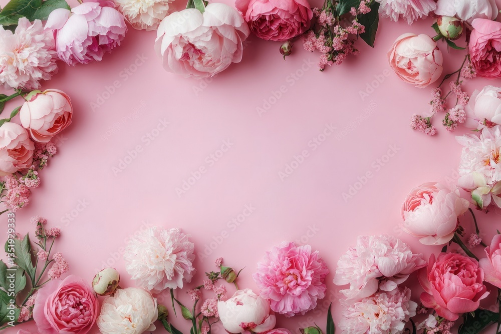 Romantic floral composition with peonies and roses on pink background for wedding invitation or Mother's Day Romantic floral composition with peonies and roses on pink background for wedding invitation or Mother's Day