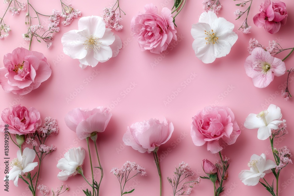Floral Flat Lay with Peonies and Roses on Pastel Pink Background Romantic Composition for Weddings and Mother's Day Floral Flat Lay with Peonies and Roses on Pastel Pink Background Romantic Composition for Weddings and Mother's Day