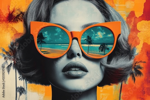 Vintage Fashion Woman in Sunglasses with Tropical Beach Collage