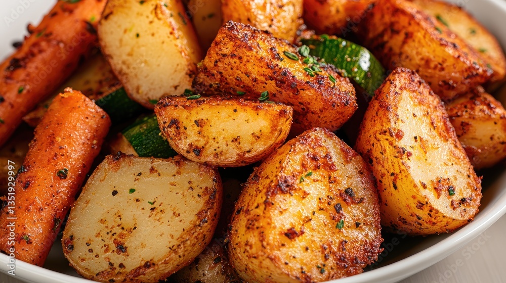Close-up of roasted potatoes, carrots, and zucchini showcases their golden texture and rich flavors, perfect for enhancing any meal Close-up of roasted potatoes, carrots, and zucchini showcases their golden texture and rich flavors, perfect for enhancing any meal
