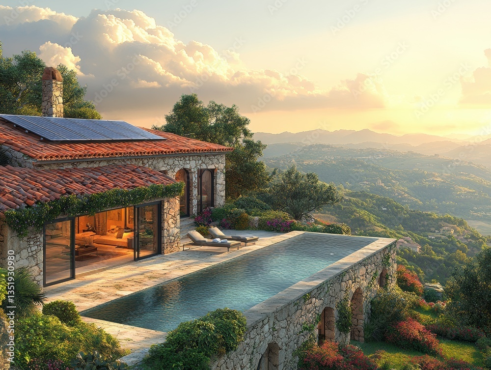Fototapeta premium Hilltop villa with infinity pool, enjoying sunset views and solar panels