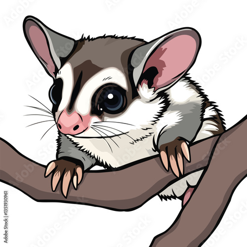 Cute Cartoon Sugar Glider on a Branch/Adorable cartoon illustration of a sugar glider clinging to a branch.