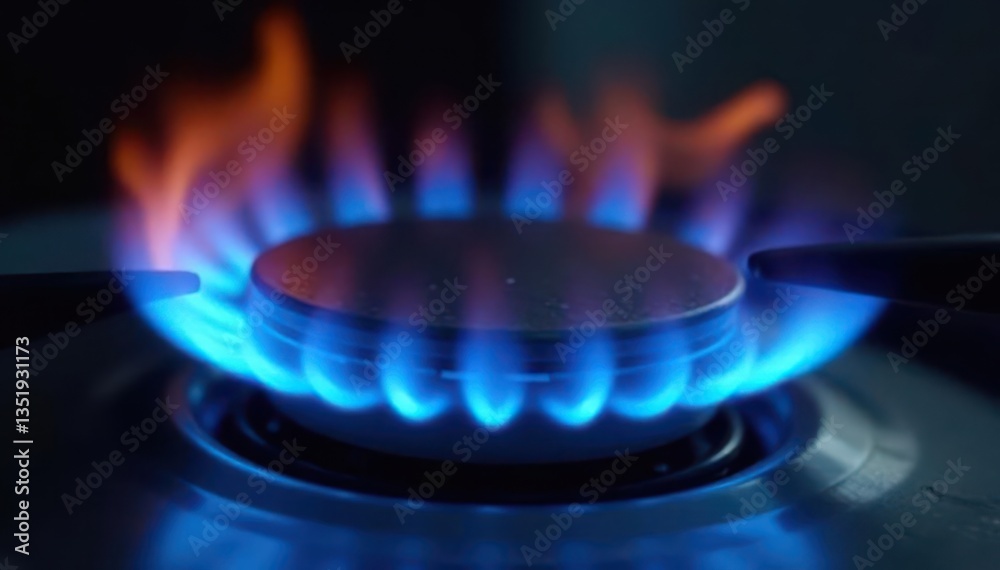 Close-up view of a propane gas cooker's intense blue flame, powerful, kitchenware Close-up view of a propane gas cooker's intense blue flame, powerful, kitchenware