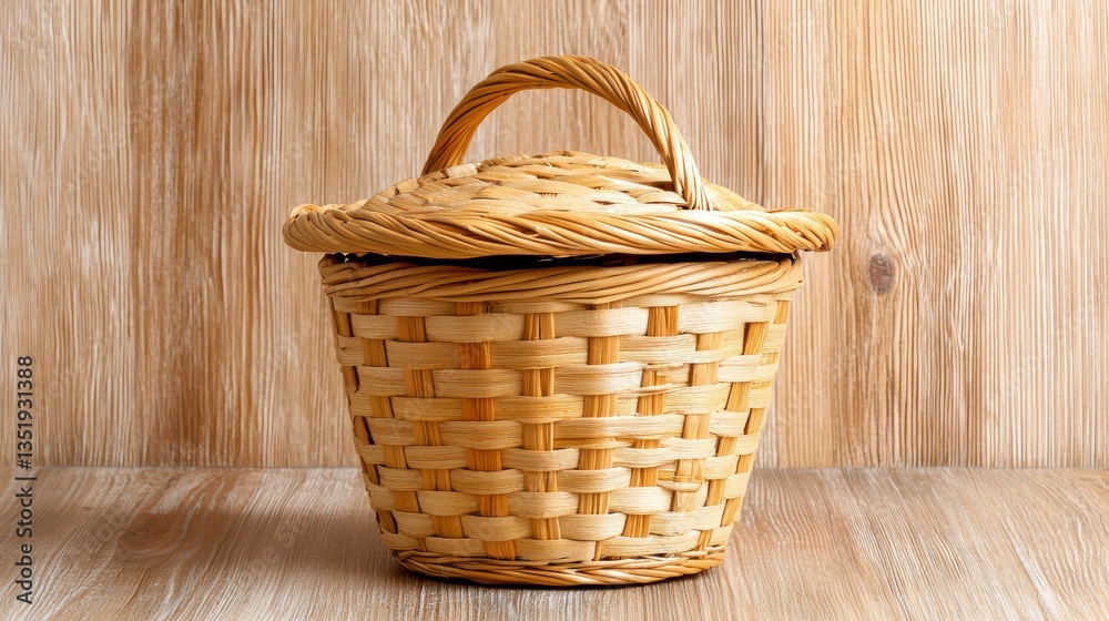 Obraz premium Beige Wicker Basket on Light Wood Surface