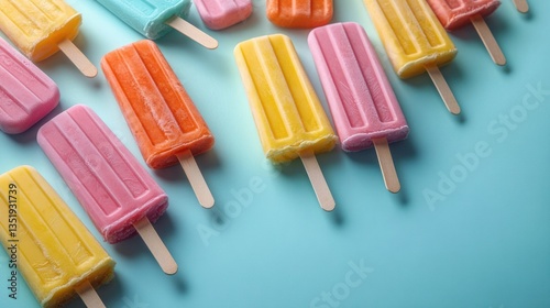 Colorful popsicles on pastel blue background minimalist summer design