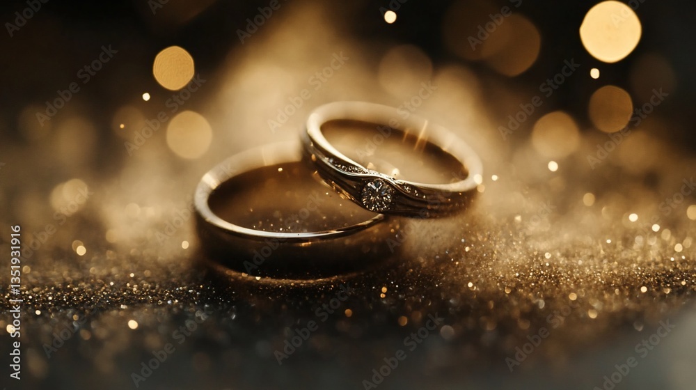 Close-up of two gold wedding rings on a glittering surface with bokeh effect background Close-up of two gold wedding rings on a glittering surface with bokeh effect background